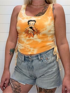 Betty Boop Yellow-Orange Tie-Dye Side-Ruched Tank Top